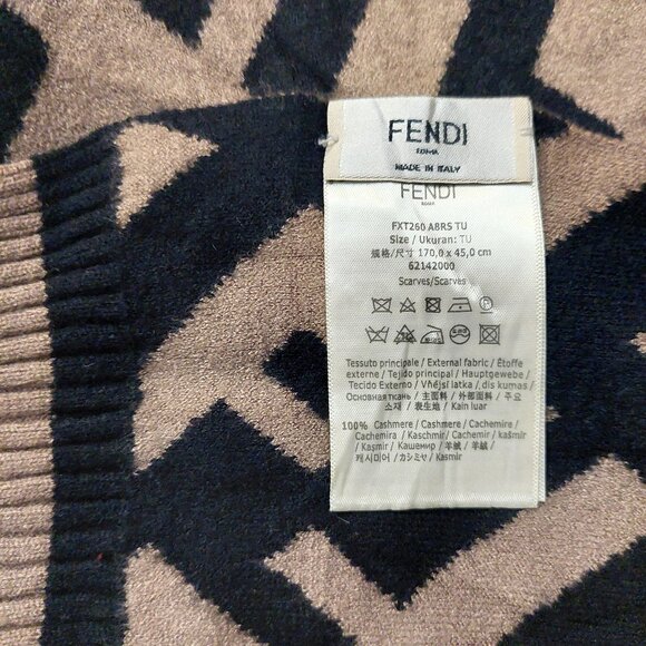 Vintage FENDI Black & Brown Monogram Print Cashmere Scarf with Stripe Trim - Picture 8 of 9